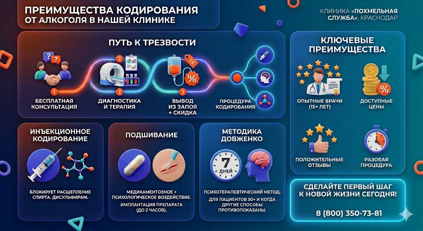Инфографика о методах кодирования от алкоголя в Кеми: инъекции, подшивание, метод Довженко. Преимущества клиники и этапы лечения.