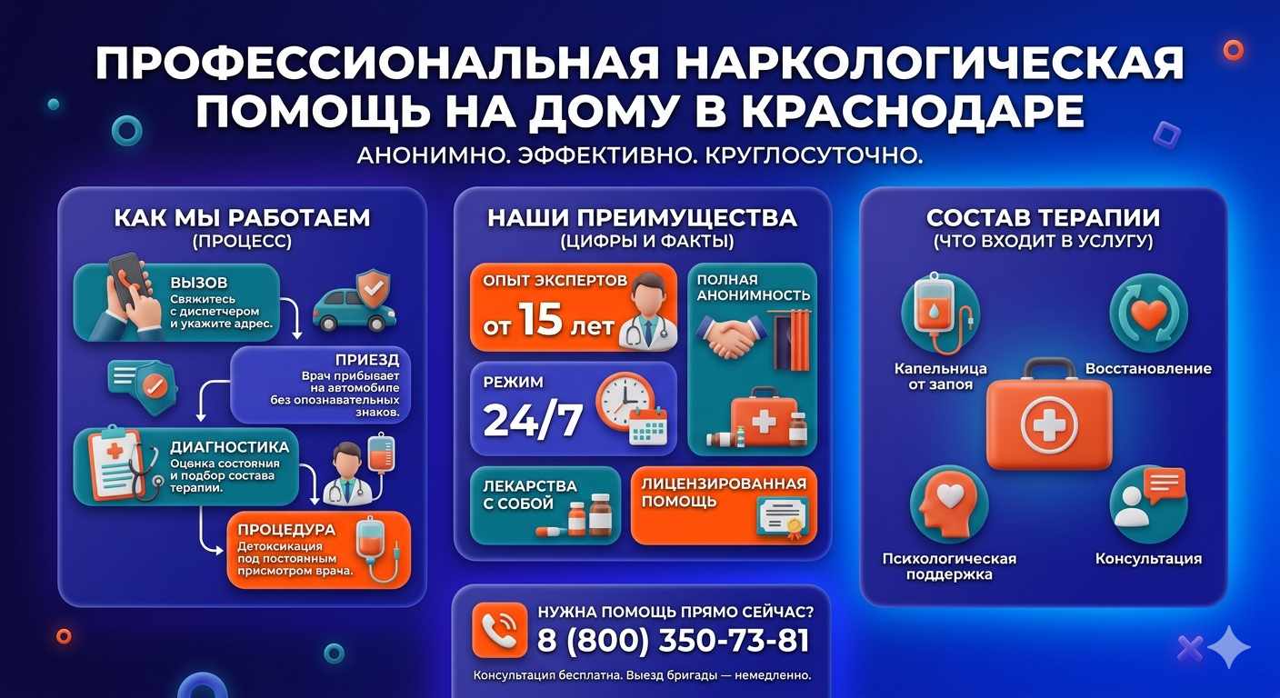 Инфографика о принципах лечения алкоголизма на дому в Кеми: этапы вызова нарколога, преимущества анонимной детоксикации и состав медицинской помощи.